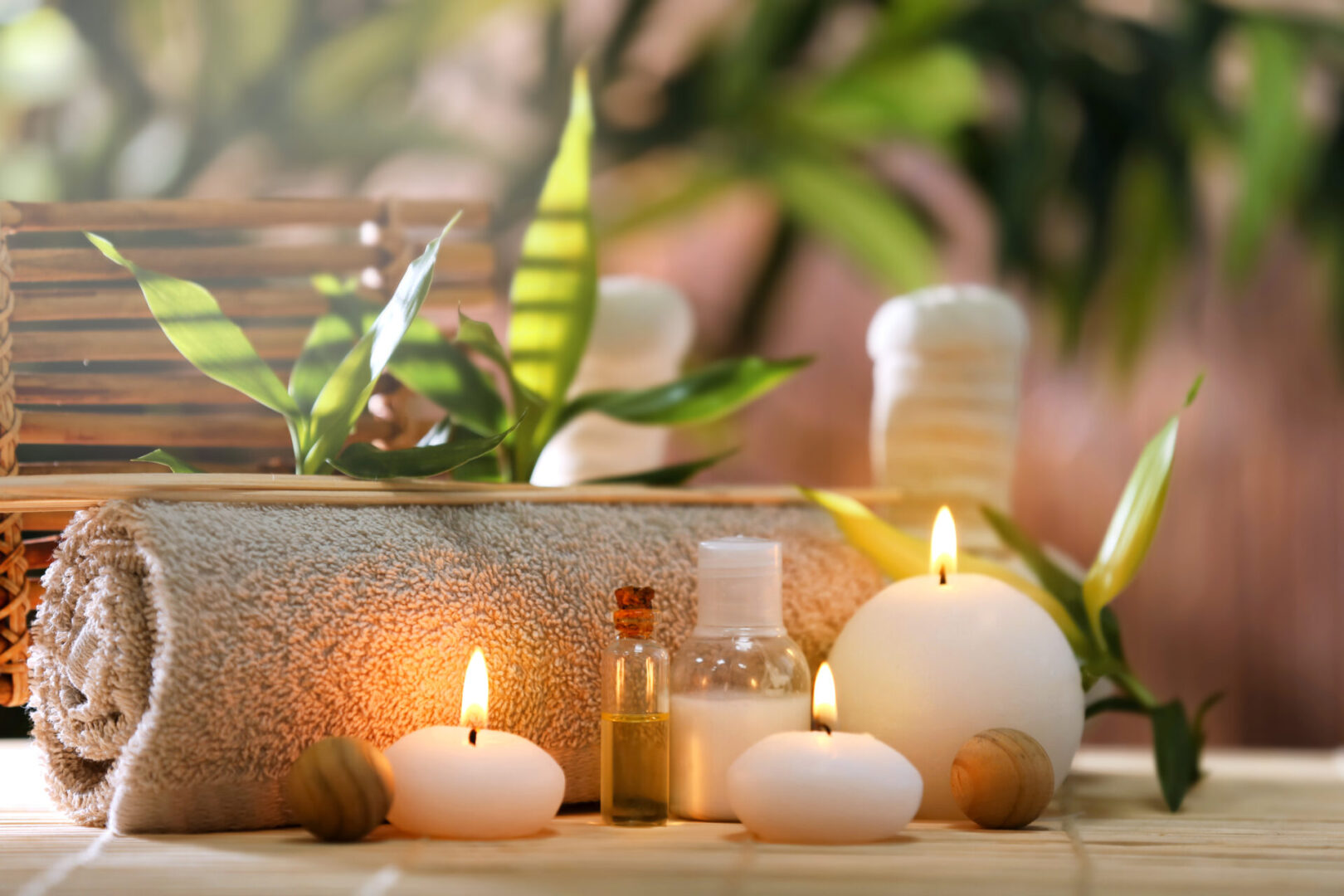 A table with candles and other items on it.